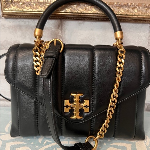 Tory Burch small Kira satchel. Black and Gold Quilted leather. Crossbody Bag - Picture 2 of 9